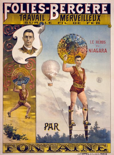Advertisement for Folies-Bergère, Travail Merveilleux sur le Fil de Fer par Fontaine, 1870-1890 by French School
