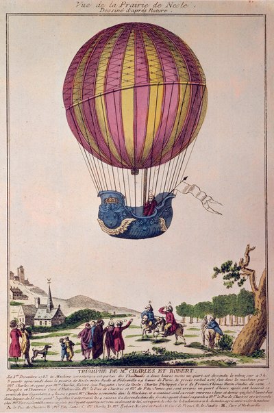 Aerostat: the second attempt to fly on a balloon. Charles and Robert descend on the Prairie de Nesle, near Paris, after a trip on a hydrogen gas balloon on 01/12/1783 by French School