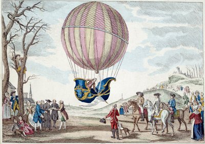 Aerostat: the second attempt to fly on a balloon. Climbing the hydrogenic gas balloon of Charles and Robert on the Prairie de Nesle, near Paris on 01/12/1783 by French School