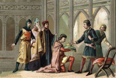 After the death of Louis X, the crown returned to his younger brother, Philippe V dit Le Long. The scene is attended by the three feudal orders by French School