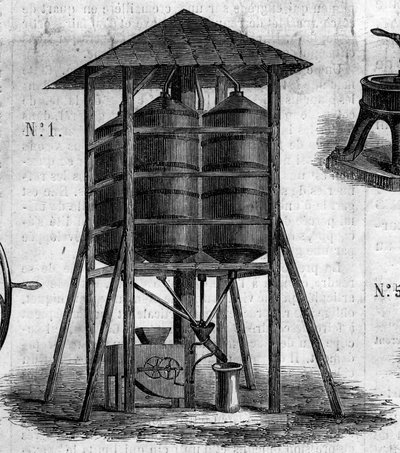 Agricultural machine: a conservative attic for wheat presented at the 1860 Agricultural Exhibition in Paris. Engraving in 