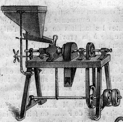 Agricultural machine: a small mill at the 1860 Agricultural Exhibition in Paris. Engraving in 