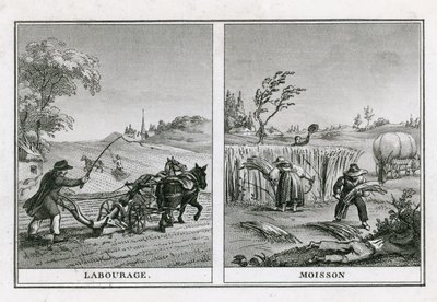 Agricultural scenes of ploughing and harvesting by French School