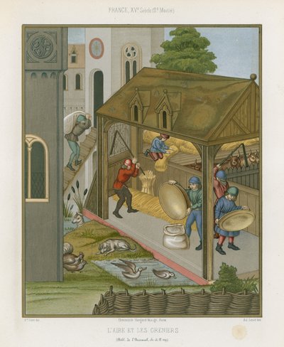 Agricultural workers in a barn by French School