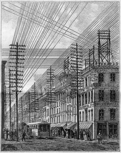 Air electric wires, in Philadelphia (United States), corner of Chesnut street and third street. Engraving in 