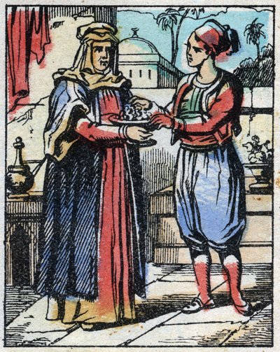 Aladdin Puts Sumptuous Diamonds in a Gold Cup and Sends His Mother to Offer Them to the Sultan to Propose to His Daughter. Engraving of the Tale of Thousand and One Nights 