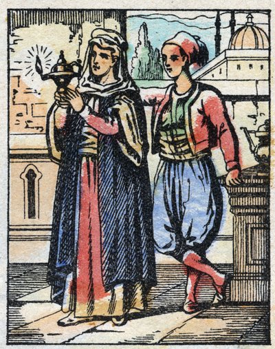 Aladdin wears the magic lamp to his mother. Engraving of the tale of Thousand and One Nights 