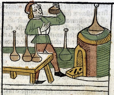 Alchemist - in "Les propriétaires des choses both corporelles et spirituelles" (book XVIII) by Glanville, Lyon by French School