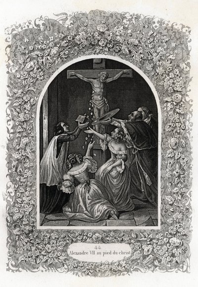 Alexander VII (Alexander or Alessandro) (Pope 1655 to 1667) at the Foot of Christ. Engraving to Illustrate 