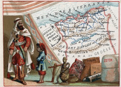 Algeria in Africa and the Province of Oran, France. Series on the French Departments. Import of Figs, Cotton, Tobacco, Agathe and Lead. Chromolithography the geographic thread, circa 1920. Private collection by French School