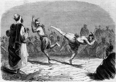 Algerian custom: Arabic dance. Drawing by Mr. Rigo, based on a sketch by Mr. Ameler, battalion leader. Engraving in 