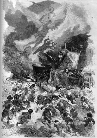 Allegory of the plebiscite of Napoleon III in 1870. The plebiscite ballot box becomes a pot in which the popular vote is simmering. Fire is fed by the dead wood of the old tree of the French constitution. Engraving by Edmond Morin in The Illustrous World by French School