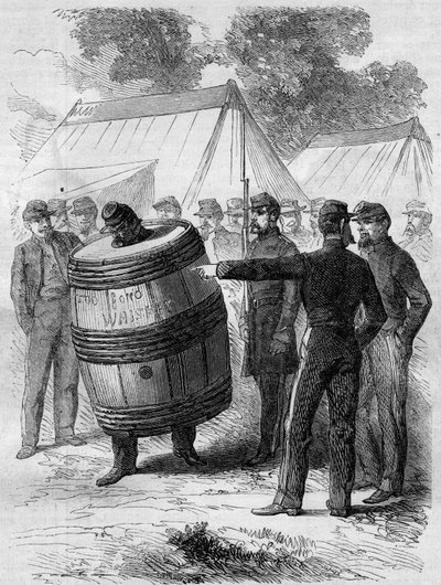 American Civil War (1861-1865): punishment of a drunk soldier of the Confederate army. He is wearing a barrel and walking through the camp under the amusing gaze of other soldiers. Engraving in 