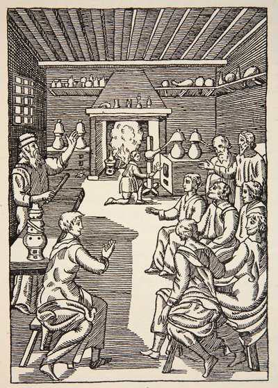 An Alchemy lesson in the 14th century, illustration from Histoire de la Nation Francaise, Sciences, Volumes I & II by French School