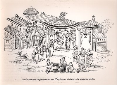 An Anglo-Saxon home in England before the arrival of the Normans, after a 9th century miniature by French School
