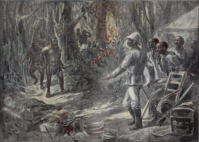 An English Traveler Lloyd Discovers the Pygmies While Exploring Africa. Engraving in 
