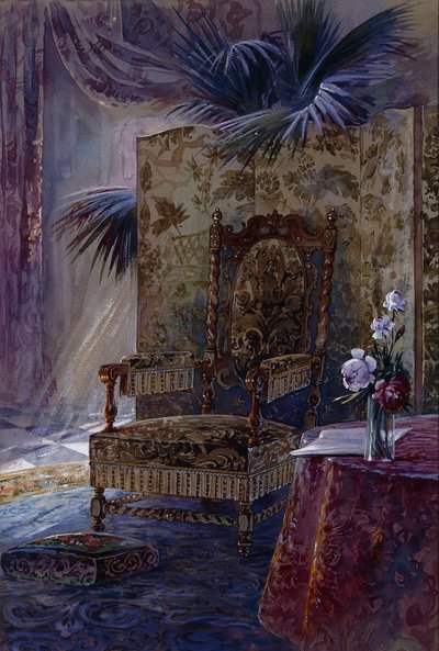 An Interior with a 17th Century walnut upholstered Armchair, c.1880 by French School