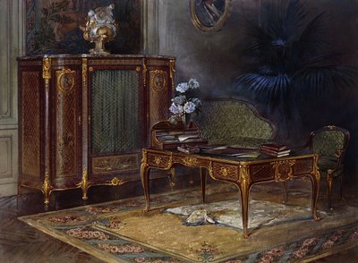 An Interior with a Louis XV Style Ormolu-mounted and Parquetry Bureau Plat and Bibliotheque by French School