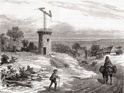 An aerial telegraph post in the 18th century, from Les Merveilles de la Science, published c.1870 by French School