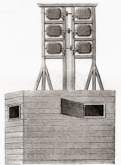 An aerial telegraph system used in England in the 18th century, from Les Merveilles de la Science, published c.1870 by French School
