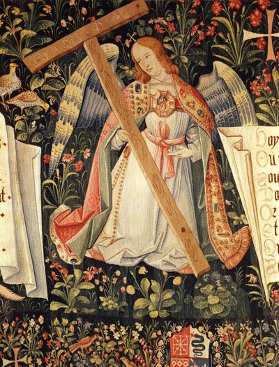 An angel carrying the cross, from a tapestry depicting angels with the instruments of the Passion, Loire Workshop by French School