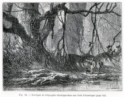 An electric telegraph line in an American forest, c.1870 by French School