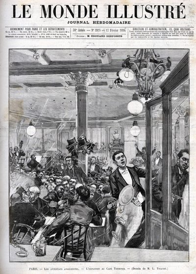 Anarchist attacks in Paris in February 1894. The explosion at the Terminus Cafe. “The Illustrated World” of February 17 by French School