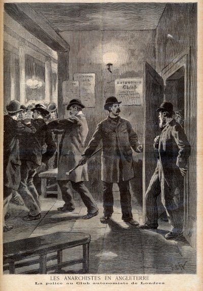 Anarchists in England. The police raiding the Autonomy Club in London. Anarchists in England. Police at the London Autonomist Club. Illustration for Le Petit Journal, 5 March 1894 by French School