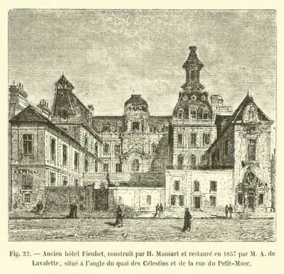 Old Hotel Fieubet, built by H. Mansart and restored in 1857 by M. A. de Lavalette, located at the corner of Quai des Celestins and Rue du Petit-Musc by French School