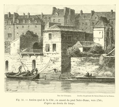 Old quay of the Cite, upstream of the Notre-Dame bridge, around 1780; after a drawing of the time by French School