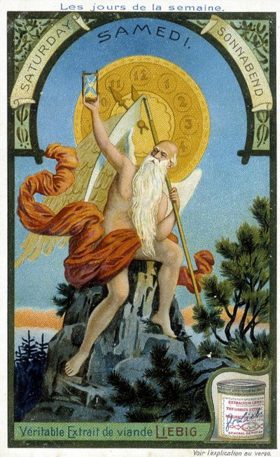 Ancient Divinity holding an hourglass as a symbol of time passing to illustrate Saturday. Liebig Chromolithographic Advertising Card by French School