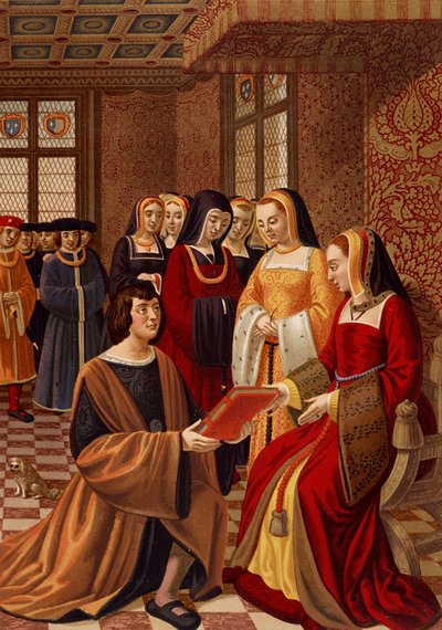 Anne of Brittany (1477-1514) surrounded by her ladies of honor. Chromolithography after a 16th century miniature. Library of Arts Deco, Paris by French School