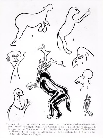Anthropoid figures in prehistoric caves, from Les Artistes Prehistoriques by Morin-Jean by French School
