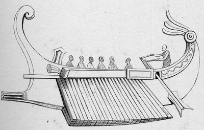 Antique Galley has three rows of oar. Engraving in 