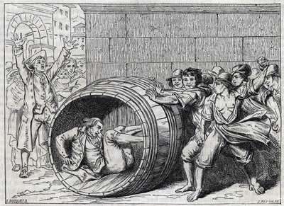 Antisemite persecution in the 17th century: a Jew rolls in a barrel by inhabitants of Rome. Illustration of 