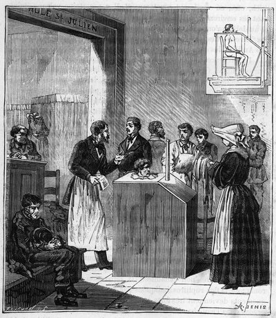 Apparatus used in hospitals in Paris at the end of the 19th century for the war of scabies by sulfur - Engraving in Sciences brought to the graces of all - physics and chemistry by Alexis Clerc - End 19th century - Private collection by French School