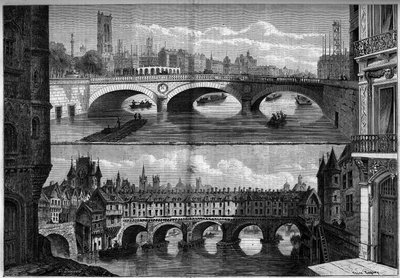 Views of the old bridge au Change in 1660 and the new bridge built in 1860. Engraving in 