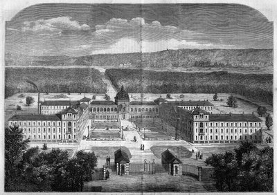Architecture: general view of the Imperial Asylum for convalescent workers of the Vesinet, built according to the plans of the architect Eugene Laval and inaugurated in 1859. Engraving in Le Monde Illustré n°77 of 2 October 1858. by French School