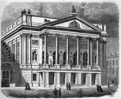 Architecture: view of the facade of the Italian Theatre in London (England) in 1858. Engraving in 