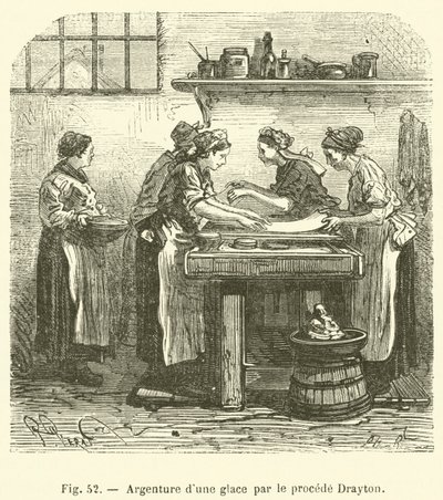 Silvering of a mirror by the Drayton process (engraving) by French School