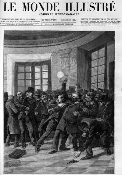 Arrest of Aubertin after his attempted attack on Jules Ferry at the Palais Bourbon in 1887. Cover of 