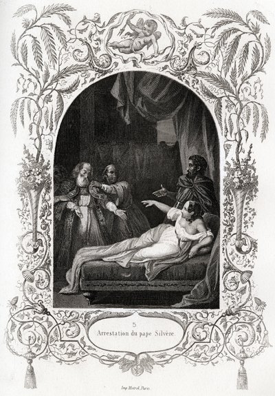 Arrest of Pope Silvere (Silverio). Engraving to illustrate 