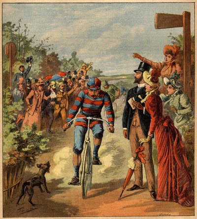 Arrival of a cycling race in the French countryside. Engraving in 