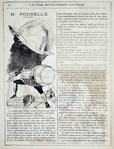 Article and cartoon on Eugene Poubelle, prefect of the Seine and inventor of garbage cans in 1884. Paris, police prefecture by French School