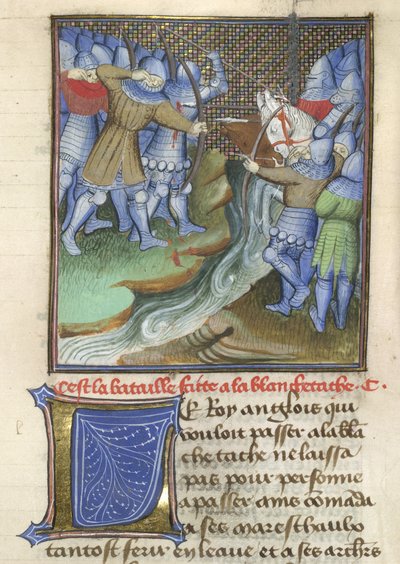 Medieval soldiers fighting, across a river, from Chroniques d