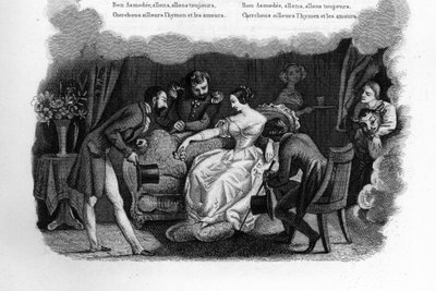Asmodee. A beautiful young woman in a living room courted by three suitors including a dandy and a soldier. Engraving in Chants et chansons populaire de la France, Tome 2 by French School