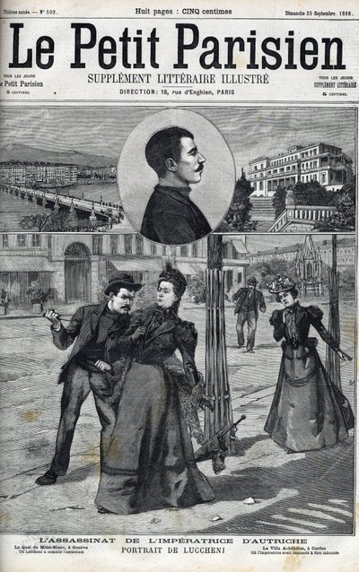 Assassination of Empress Elisabeth of Austria (Sissi) by Italian anarchist Luigi Lucheni in Geneva in 1898. Cover of 