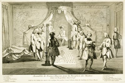 Assembly of Free Masons for the Initiation of a Master, the entrance of the candidate to the lodge, from The Ceremonies of Religion and Custom, c.1733 by French School