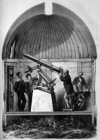 Astronomy: French astronomical bezel transported to Yokohama (Japan) to observe the planet Venus passing by the Sun. Engraving in 