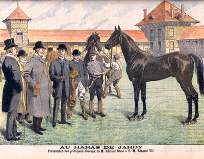 At the Jardy stud farm outside Paris (Marnes-la-Coquette). Breeder Edmond Blanc showing his best horses to King Edward VII. Illustration for Le Petit Journal by French School